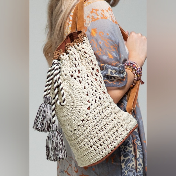 Handmade Crocheted Boho Backpack - Bucket Style - Cloth Backed Leather Straps - Picture 9 of 11